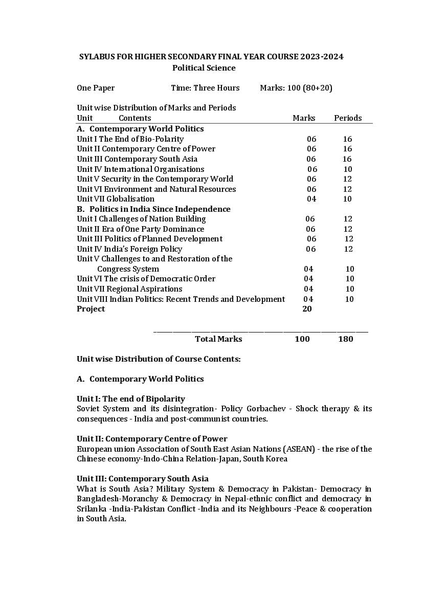 AHSEC 2nd Year Syllabus 2024 Political Science - Page 1