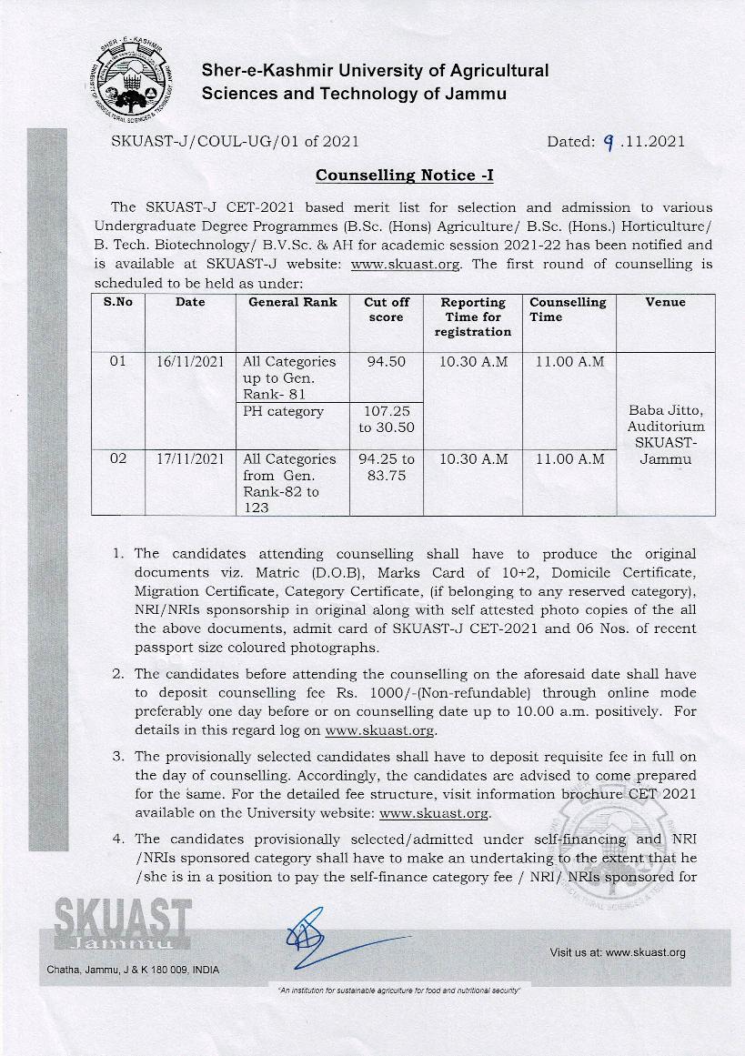 SKUAST Jammu CET 2021 Counselling Notice for UG Programme - Page 1