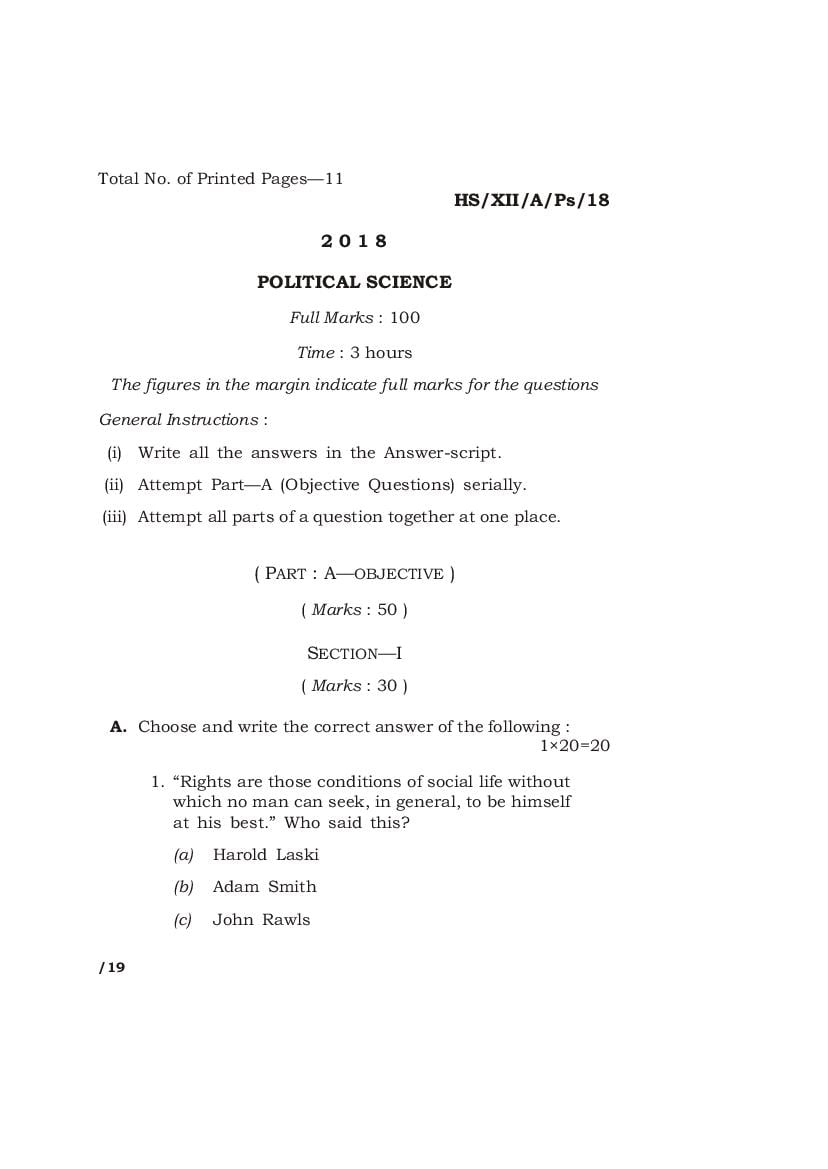 MBOSE Class 12 Question Paper 2018 for Political Science - Page 1