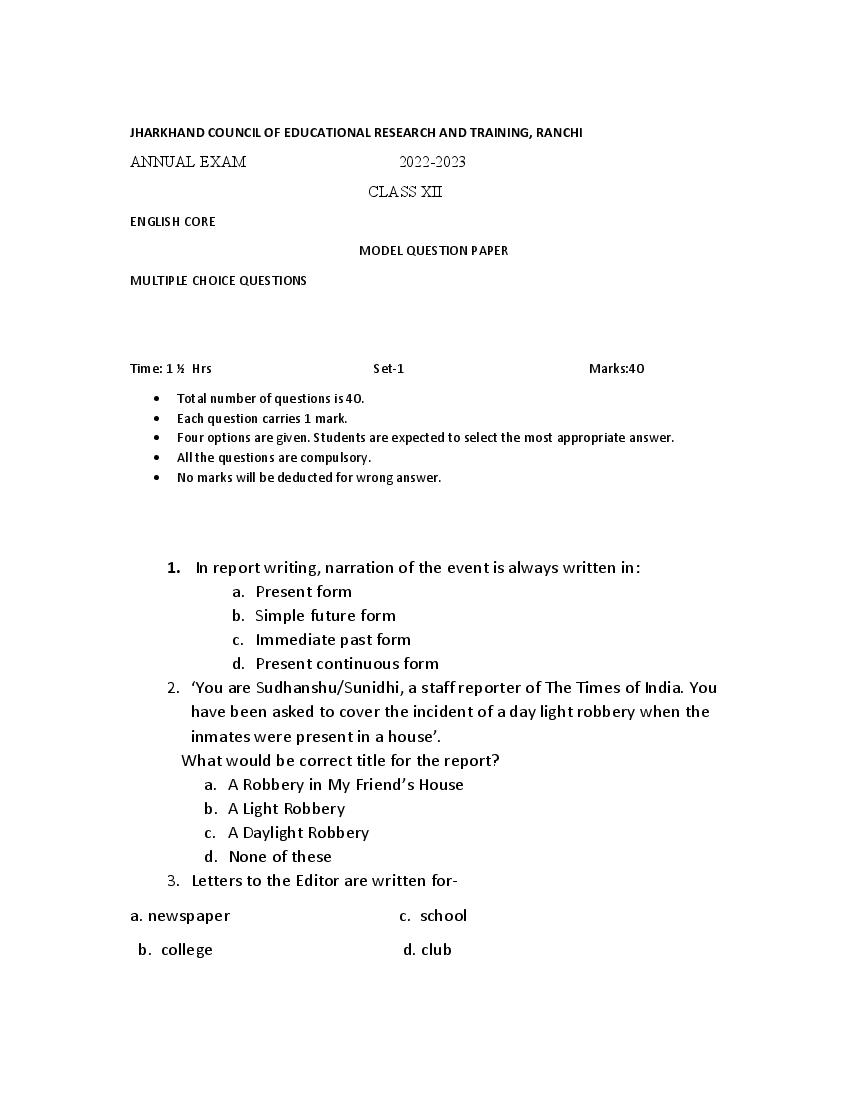 JAC Class 12 Model Question Paper 2023 Arts - Page 1