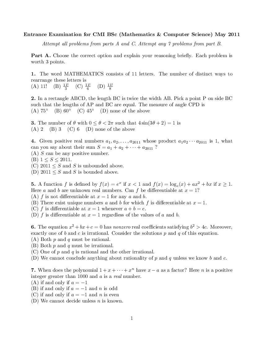 CMI Entrance Exam 2011 Question Paper for B.Sc (Hons.) Mathematics and Computer Science - Page 1