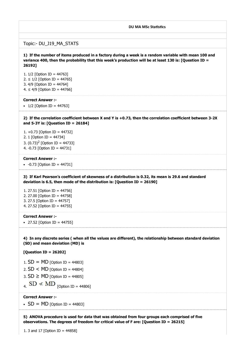 DUET Question Paper 2019 for MA M.Sc Statistics - Page 1