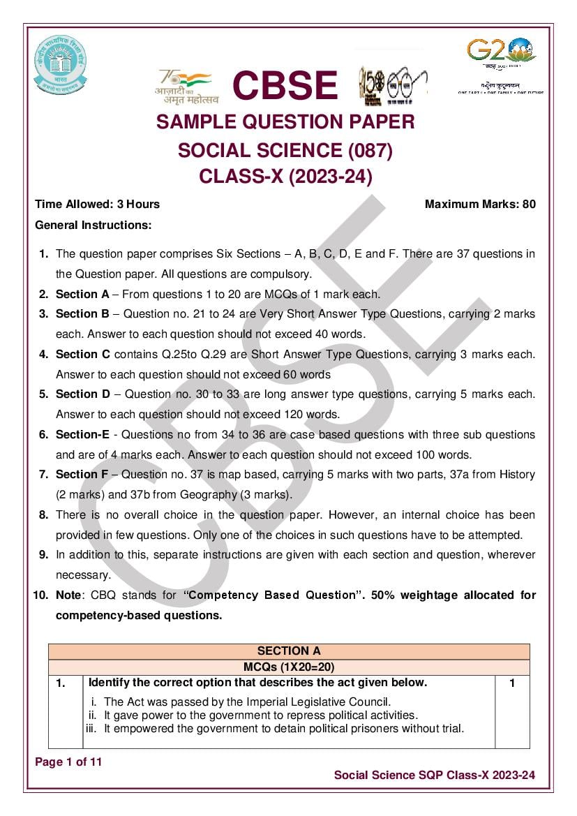 CBSE Class 10 Social Science Sample Paper 2024 (PDF) With Solutions