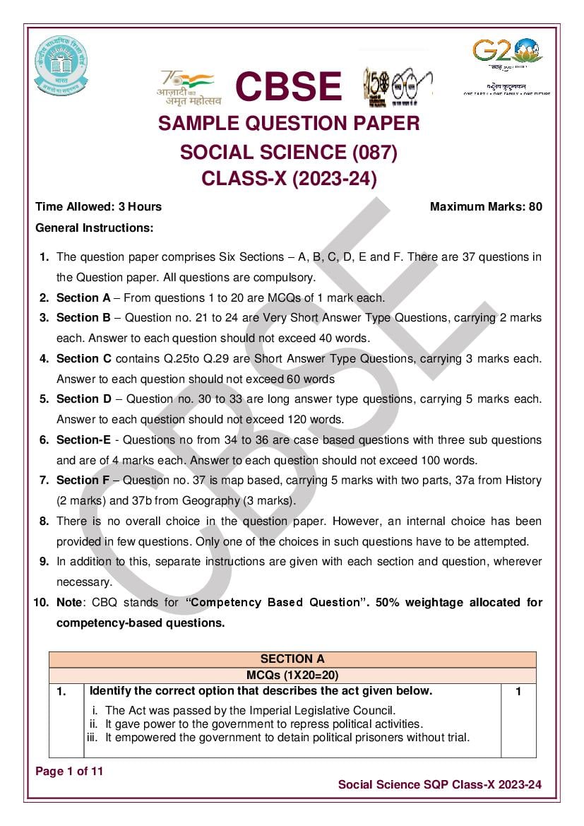 CBSE Class 10 Social Science Sample Paper 2024 PDF 47 OFF