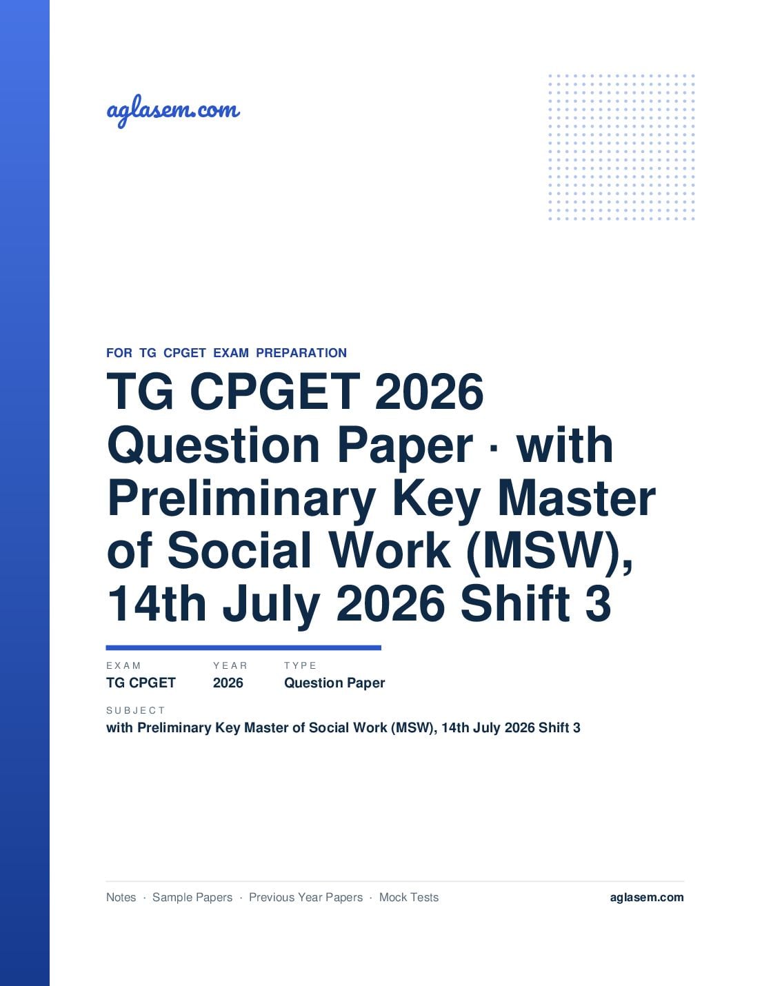 TG CPGET 2026 Question Paper with Preliminary Key Master of Social Work (MSW), 14th July 2026 Shift 3 - Page 1 of 54