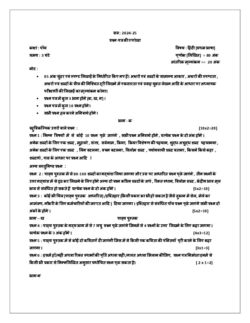 PSEB Class 5 Question Paper Structure 2025 - Page 1