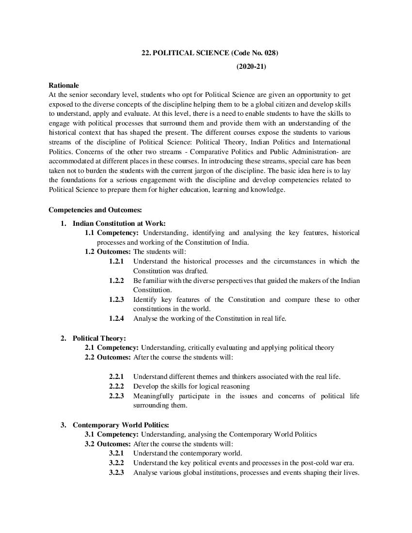 CBSE Class 11 Political Science Syllabus 2020-21 - Page 1