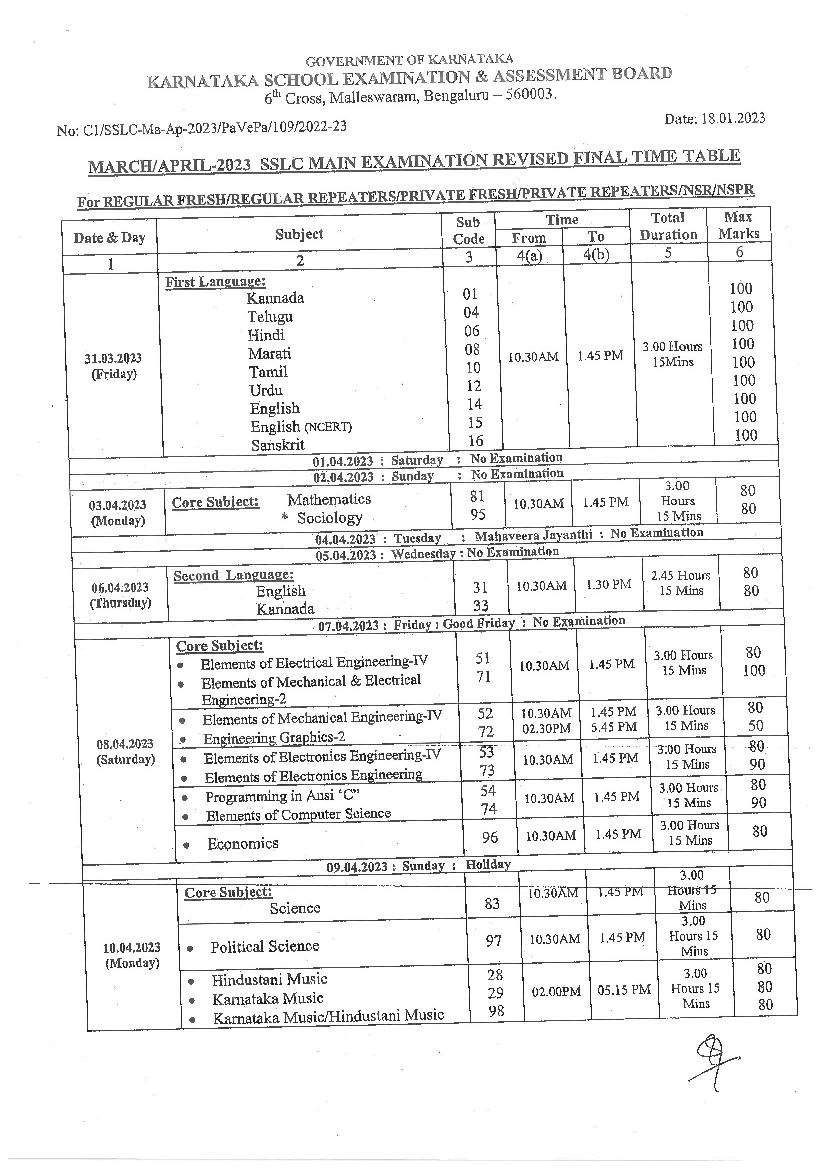 Karnataka SSLC Time Table 2023 (Final Jan 23) - Page 1