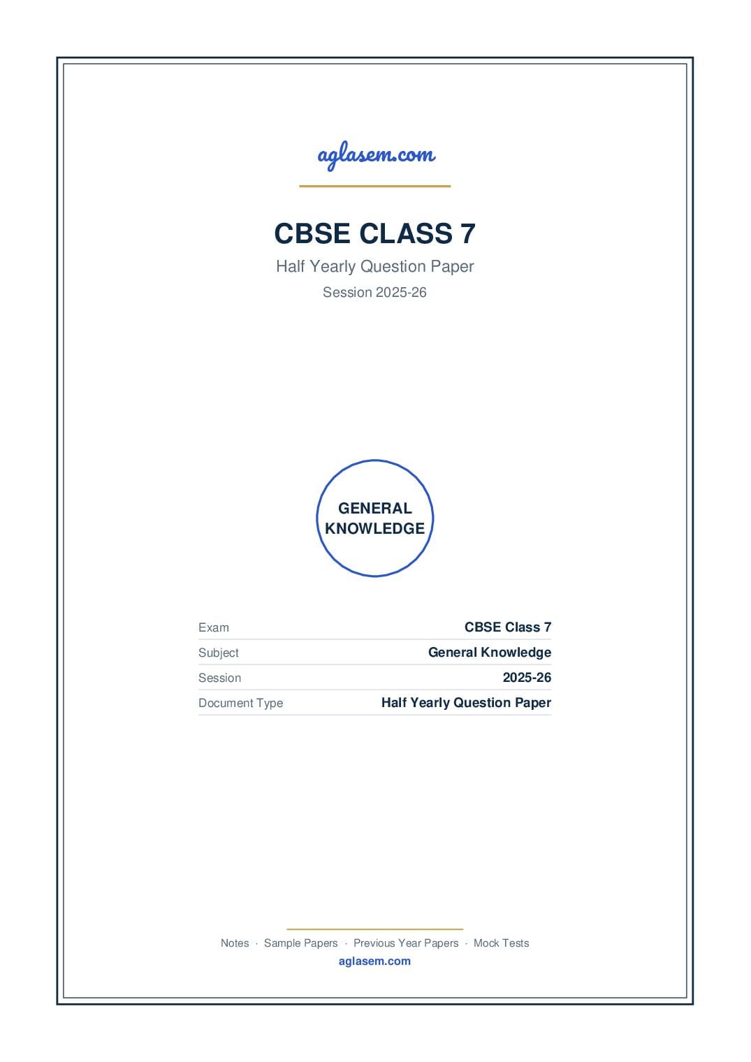 Class 7 Half Yearly Question Paper 2025-26 General Knowledge - Page 1 of 5
