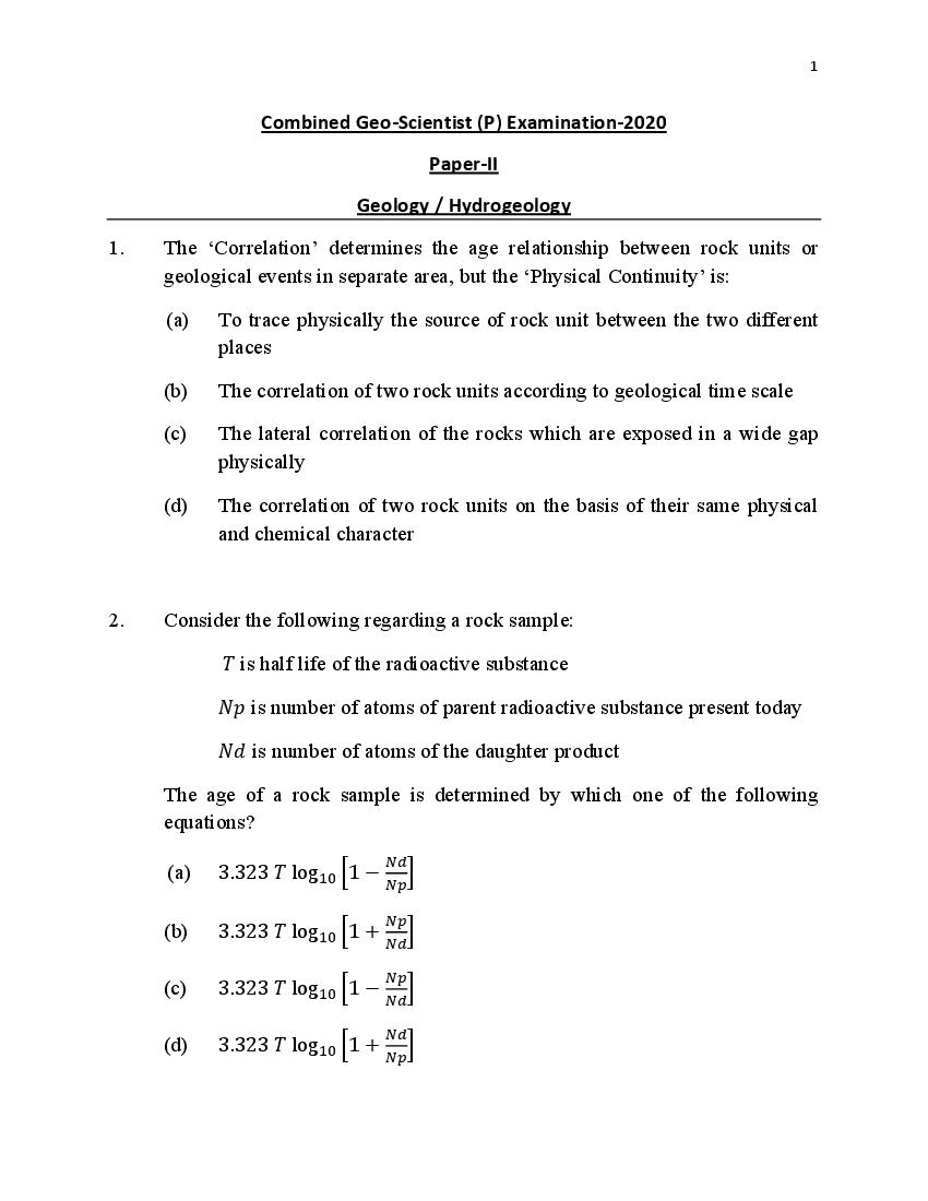 UPSC CGGE 2020 (Mains) Question Paper Hydrogeology - Page 1