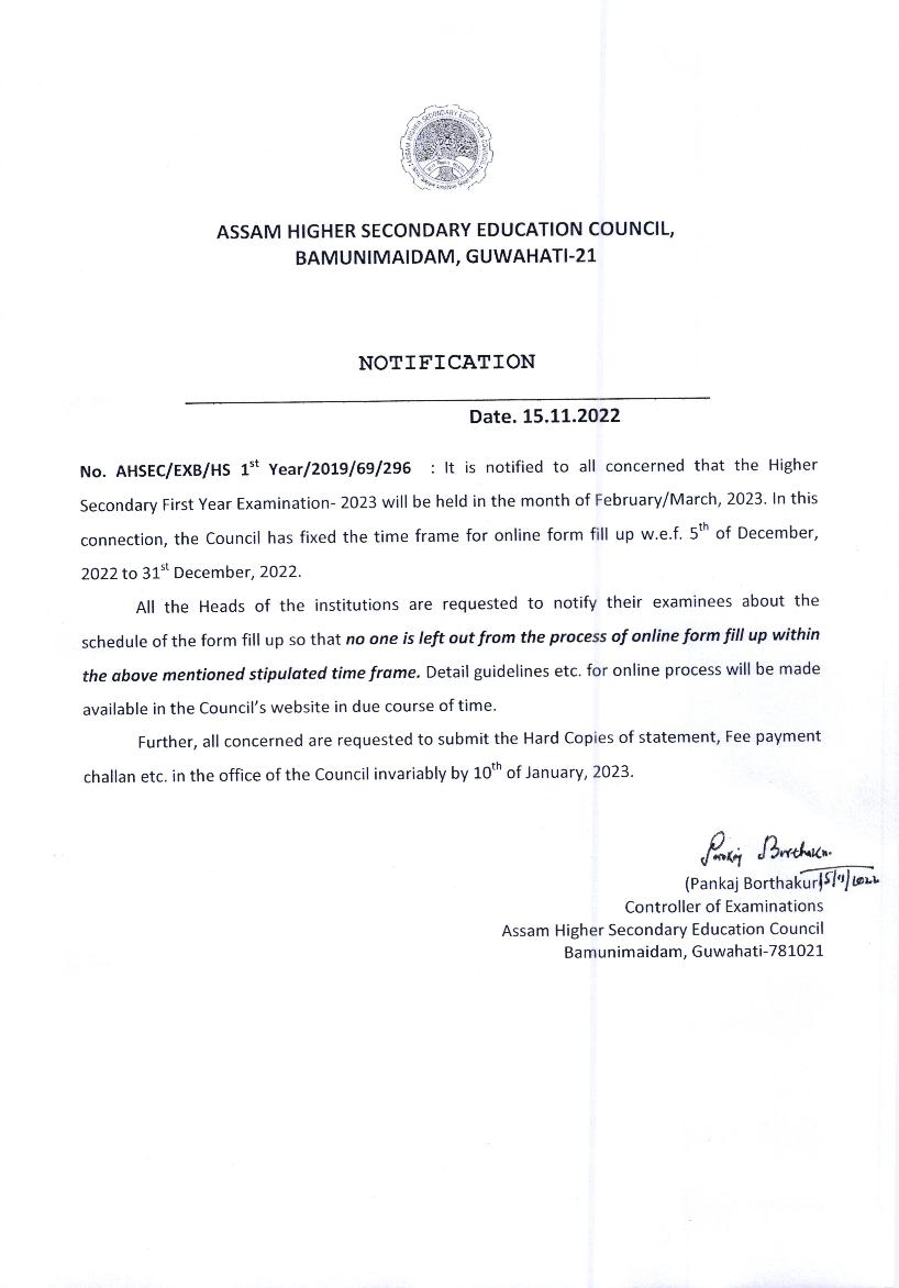 Assam HS 1st Year Routine 2023 Notification - Page 1