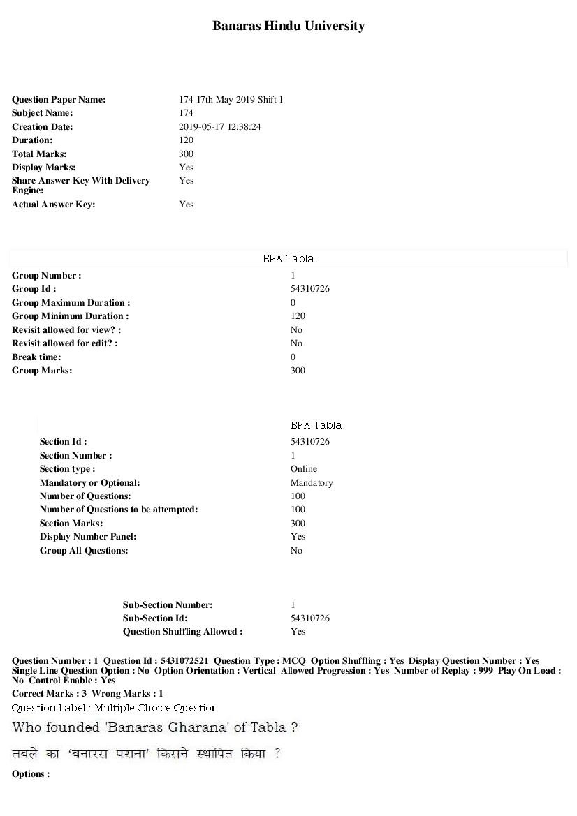 BHU UET 2019 Question Paper BPA Tabla - Page 1
