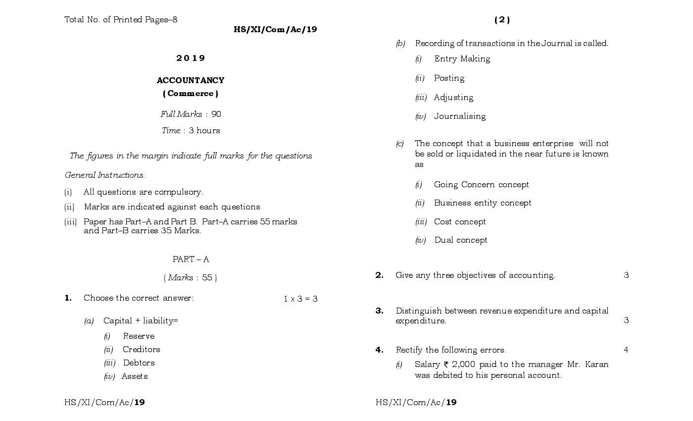 MBOSE Class 11 Question Paper 2019 for Accountancy