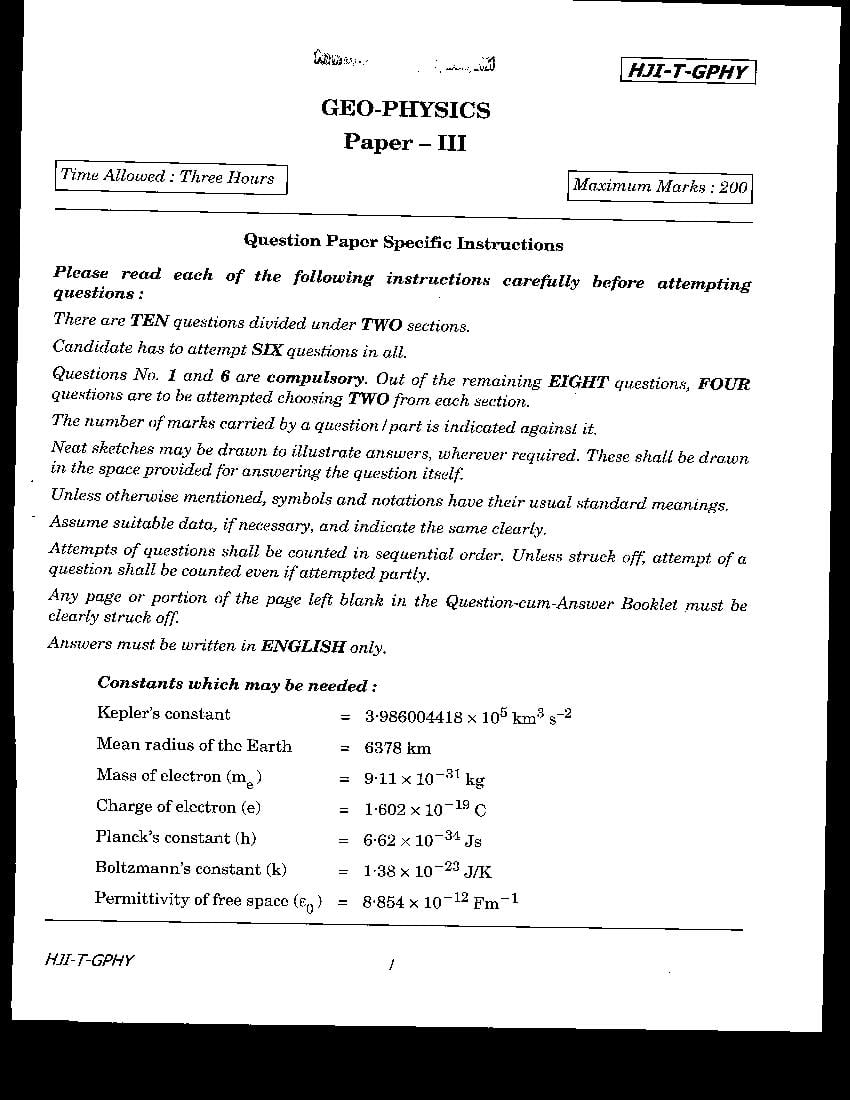 UPSC CGGE 2020 (Mains) Question Paper Geo-Physics Paper III - Page 1