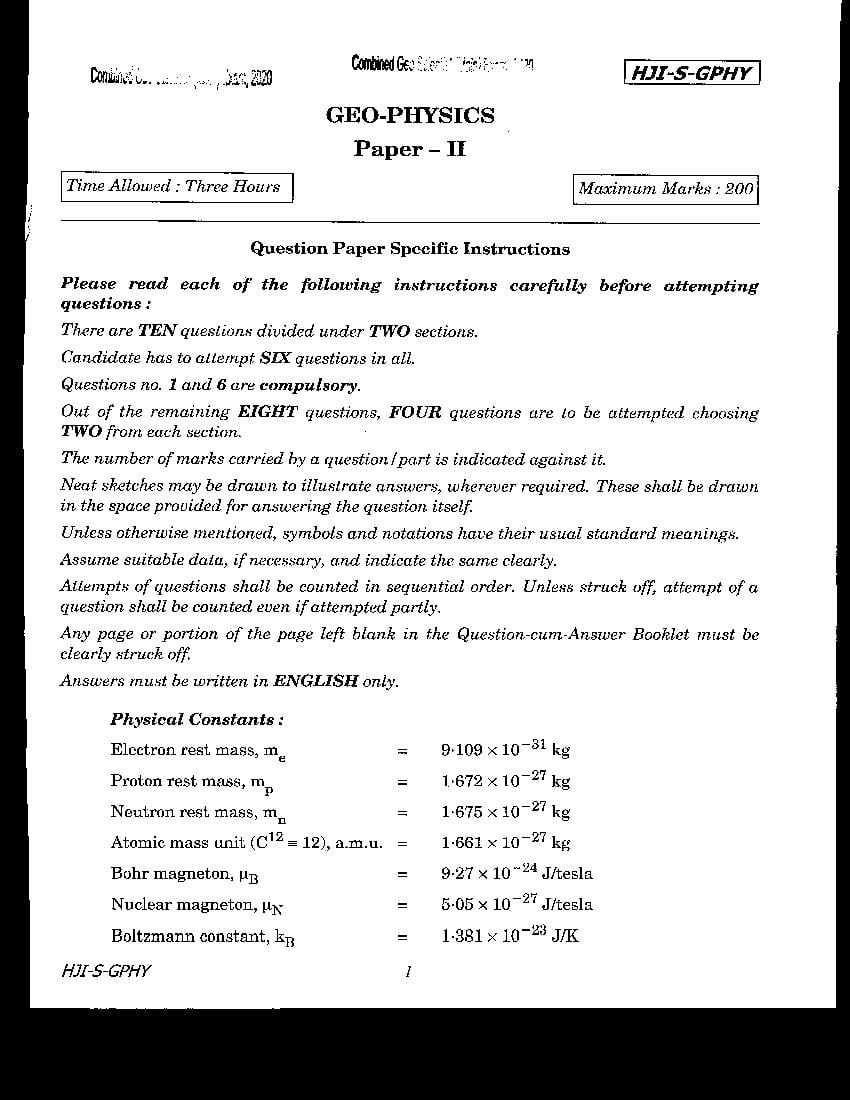 UPSC CGGE 2020 (Mains) Question Paper Geo-Physics Paper II - Page 1