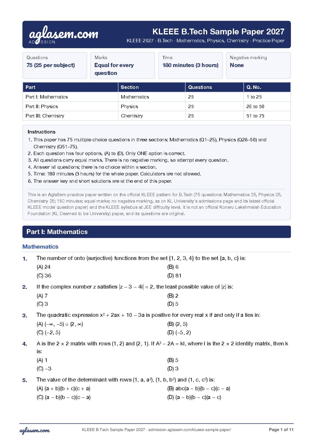 KLEEE 2027 Sample Paper B.Tech - Page 1 of 11