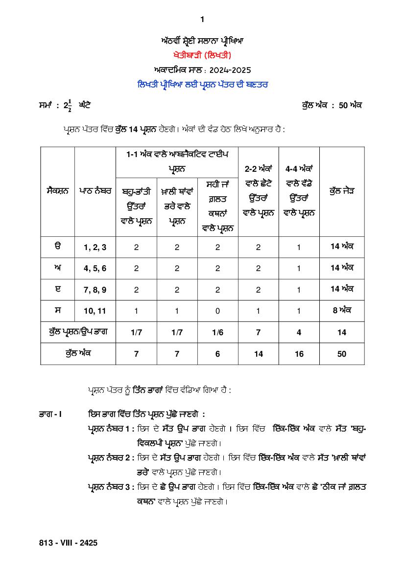 PSEB Class 8 Question Paper Structure 2025 - Page 1