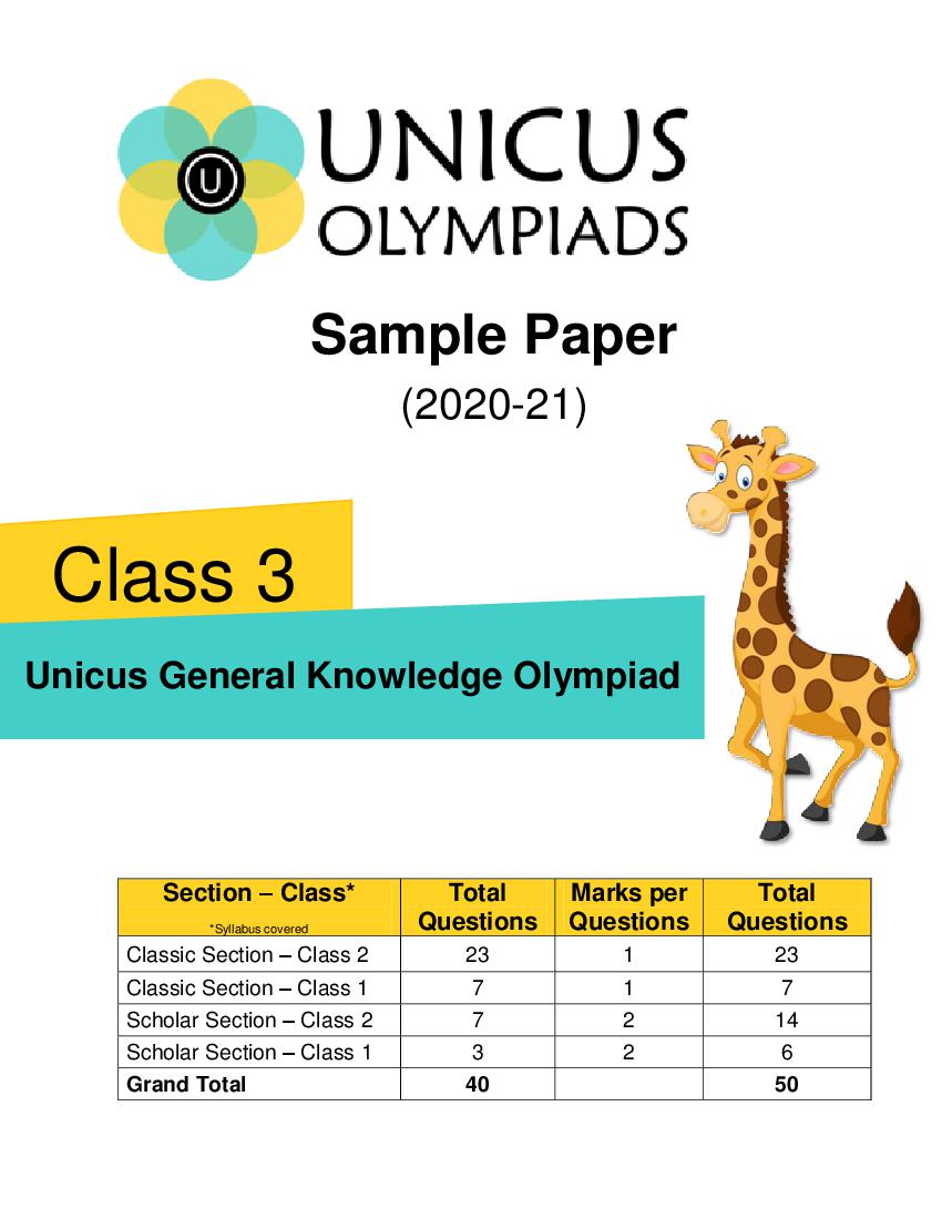 Unicus General Knowledge Olympiad (UGKO) Class 3 Sample Paper - Page 1 of 4