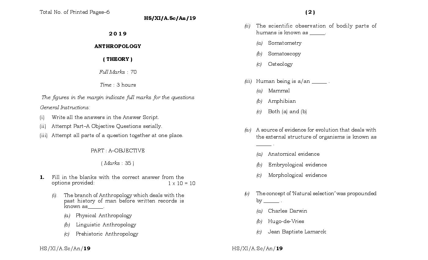 MBOSE Class 11 Question Paper 2019 for Anthropology - Page 1 of 3