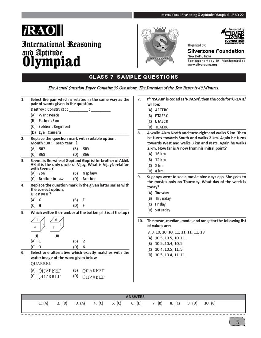 SilverZone iRAO Sample Paper 2022 Class 7  - Page 1