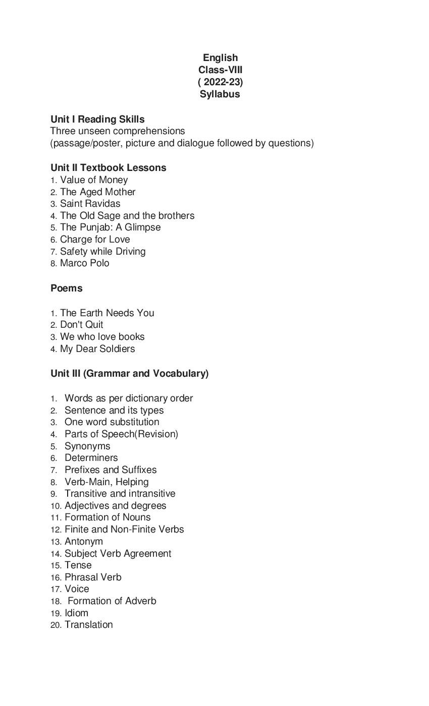 PSEB 8th Class Syllabus 2023 English - Page 1