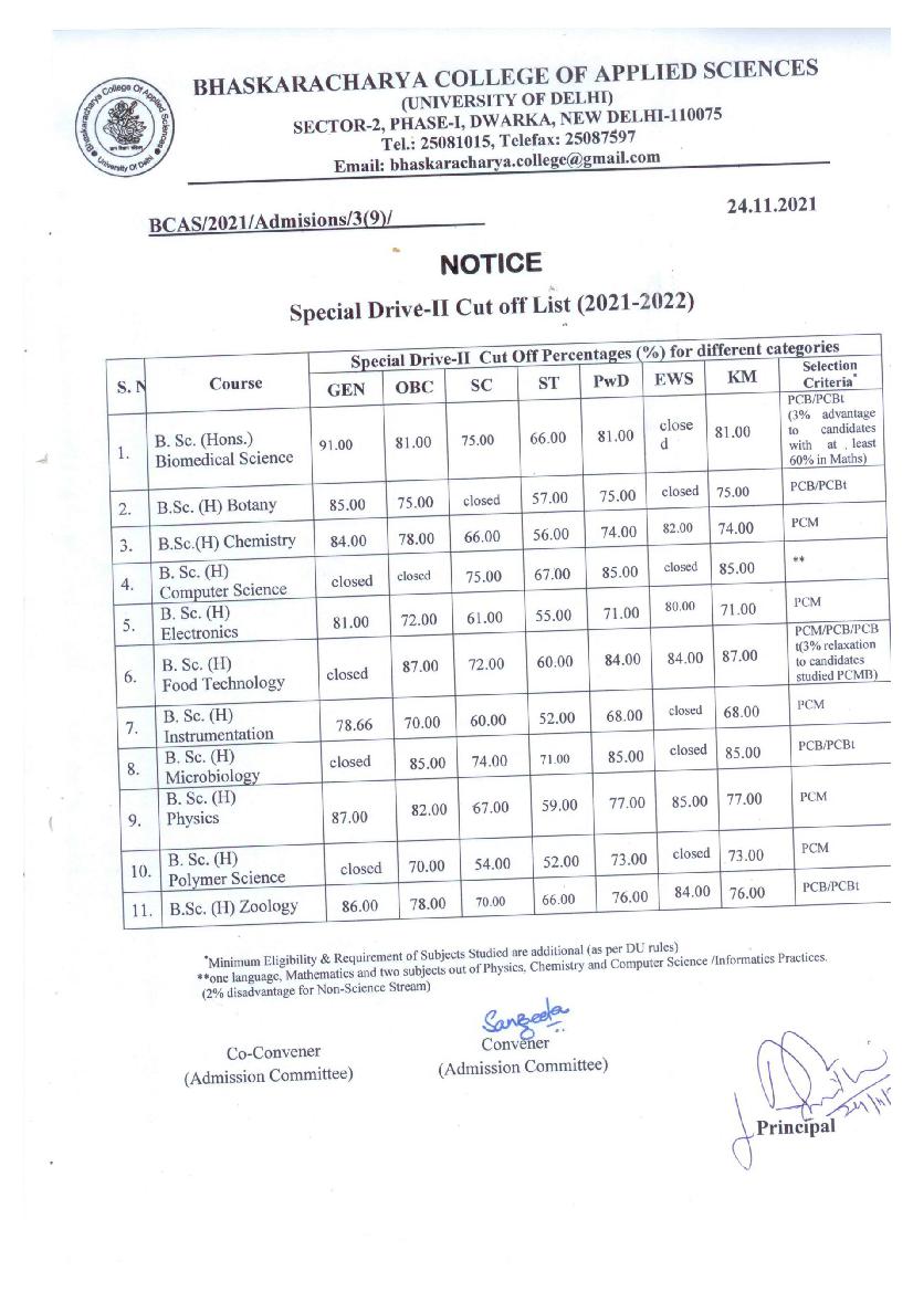 Bhaskaracharya College of Applied Sciences 2nd Special Drive Cut Off List 2021 - Page 1