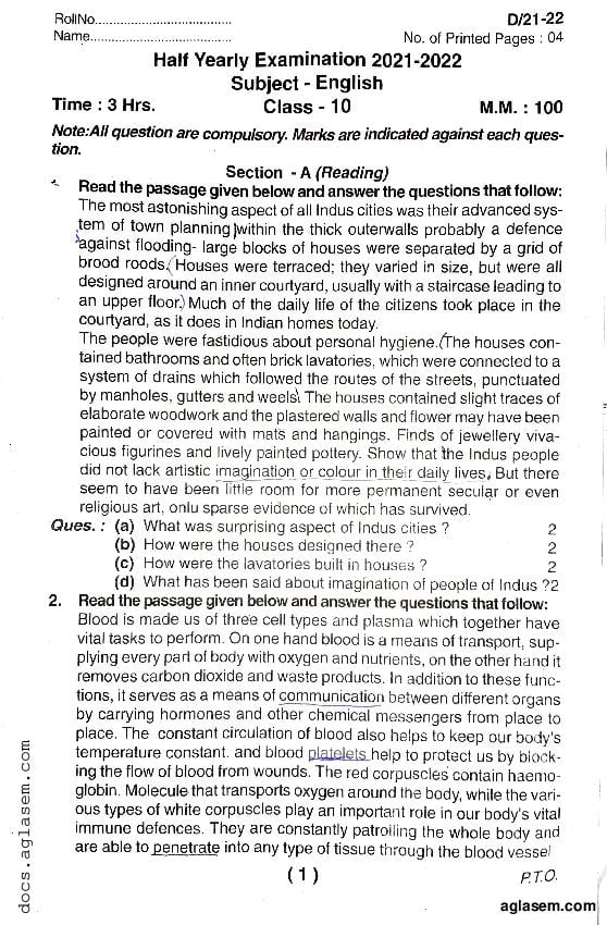 Uttarakhand Board class 10 Half Yearly 2021 Question Paper English - Page 1