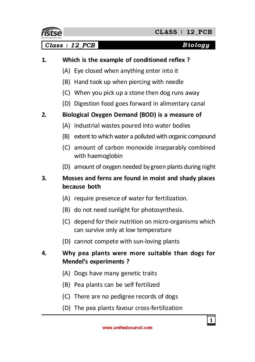 NSTSE Sample Paper Class 12 PCB - Page 1