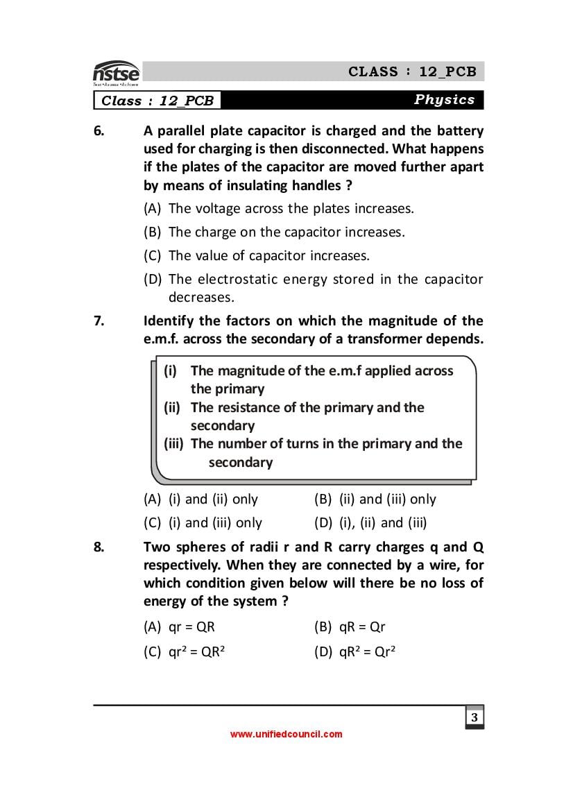 NSTSE Sample Papers for Class 12 – Unified Council Sample Questions PDF