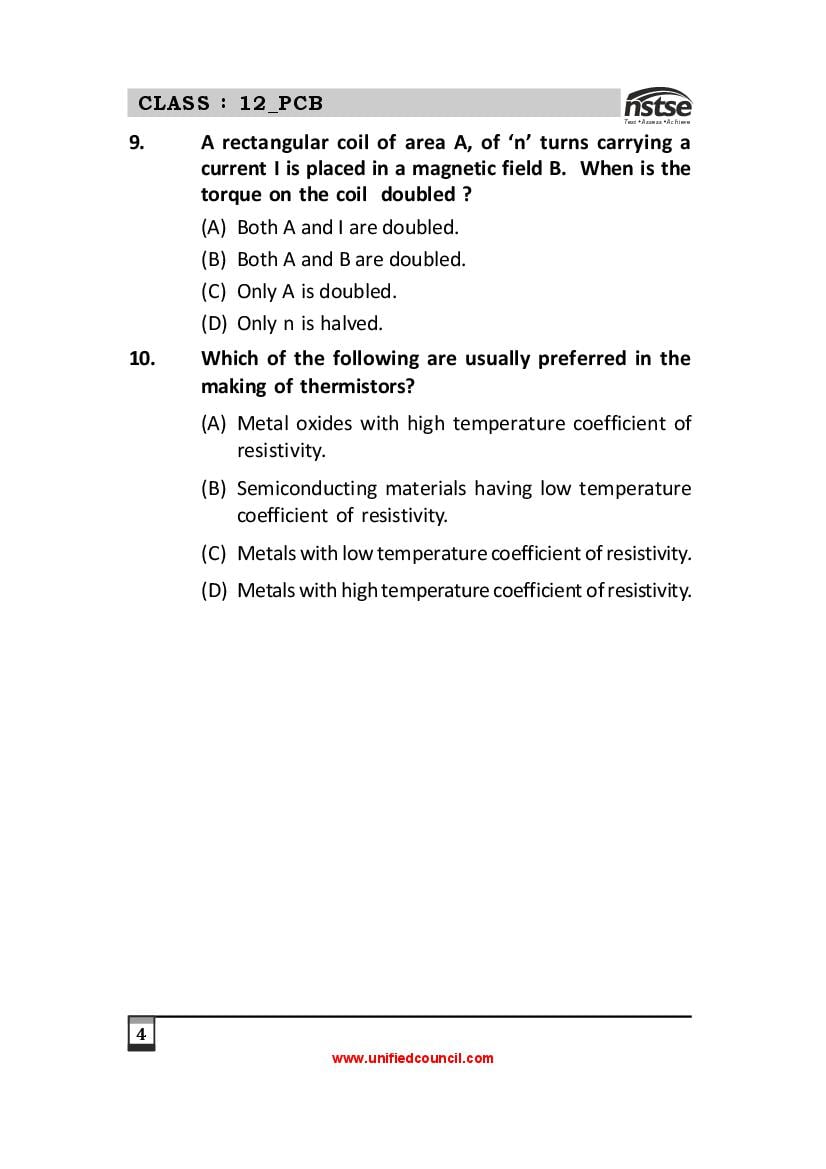 NSTSE Sample Papers for Class 12 – Unified Council Sample Questions PDF