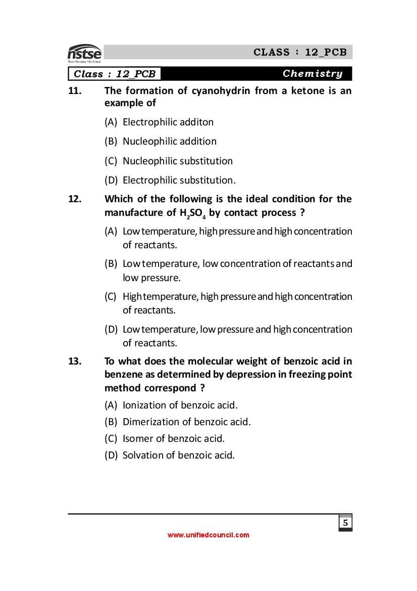 NSTSE Sample Papers for Class 12 – Unified Council Sample Questions PDF