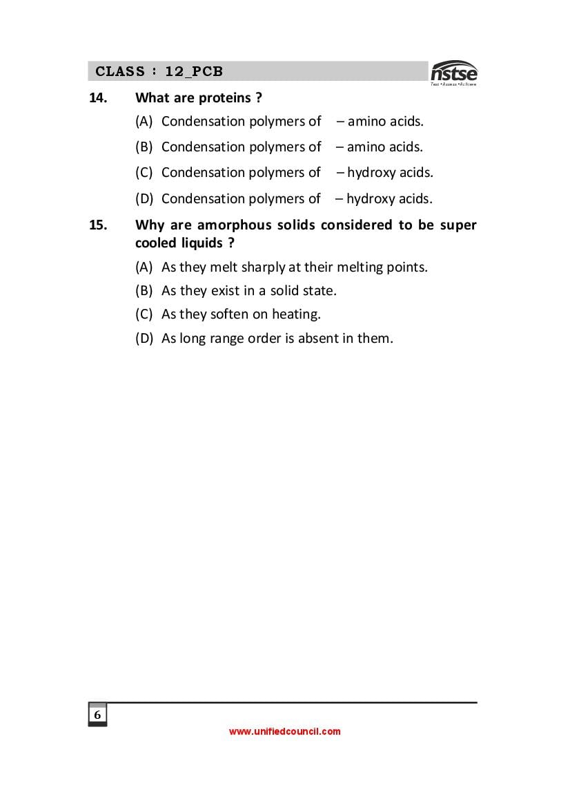 NSTSE Sample Papers for Class 12 – Unified Council Sample Questions PDF