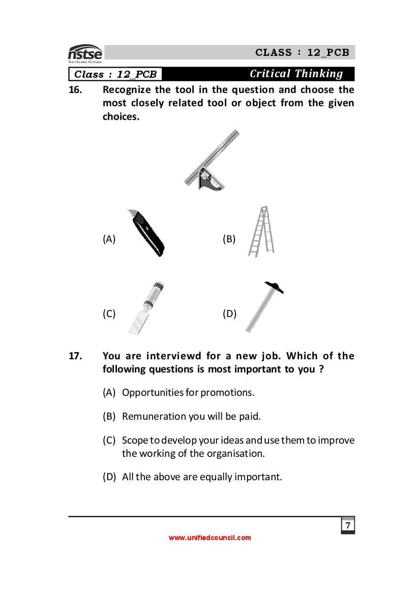 NSTSE Sample Papers for Class 12 – Unified Council Sample Questions PDF
