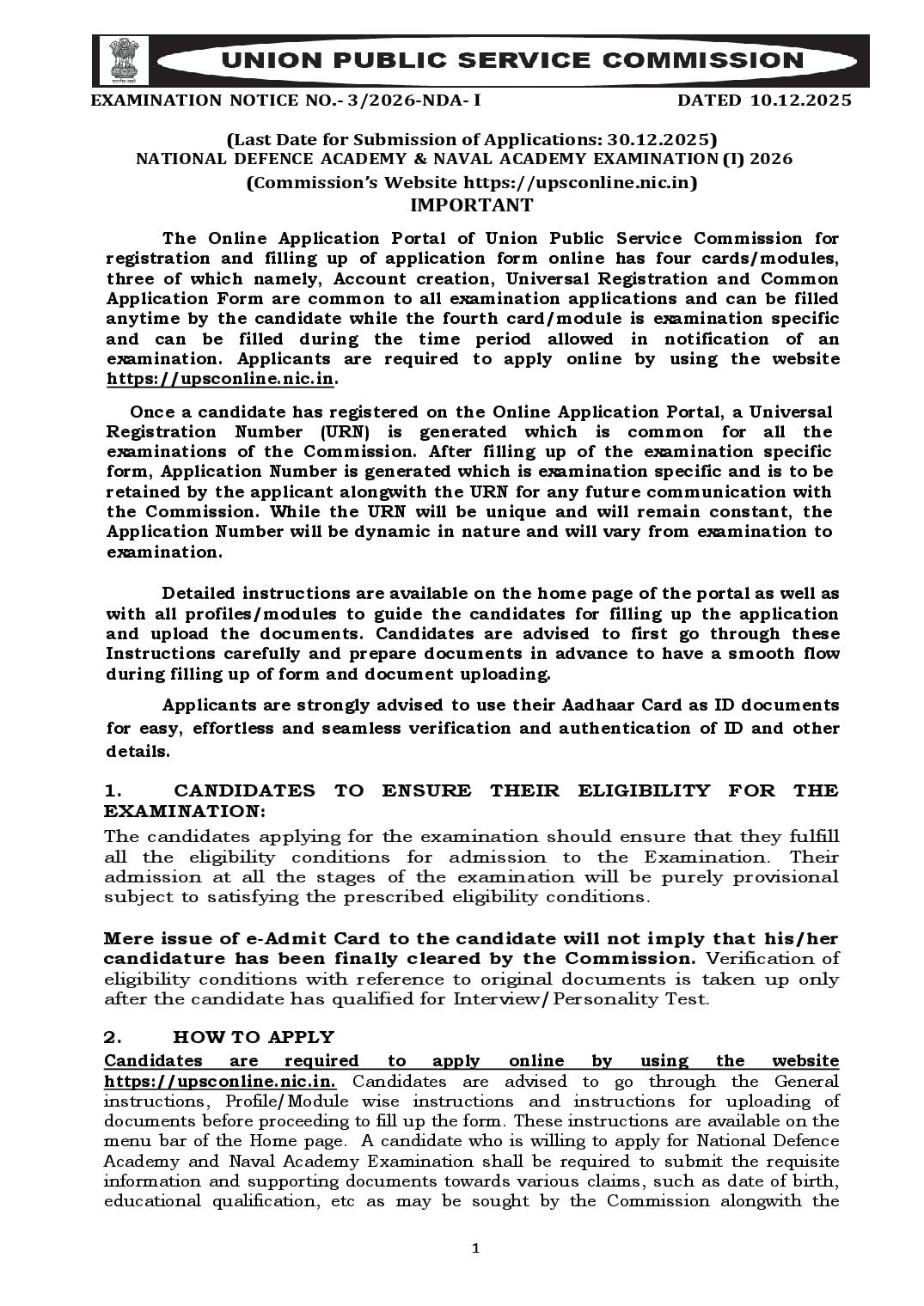 UPSC NDA NA I 2026 Notification - Page 1 of 107