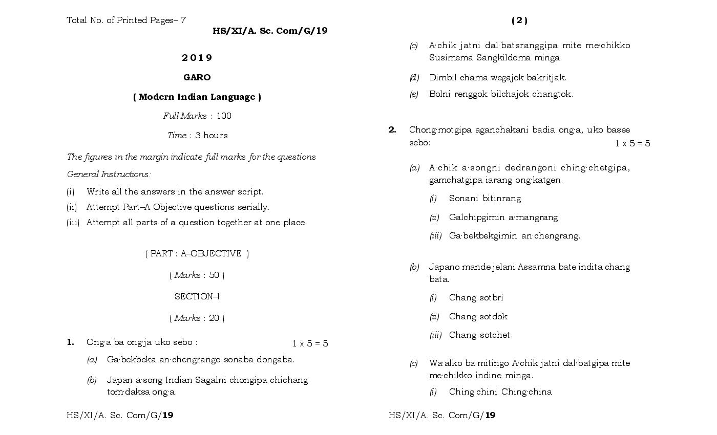 MBOSE Class 11 Question Paper 2019 for Garo MIL - Page 1