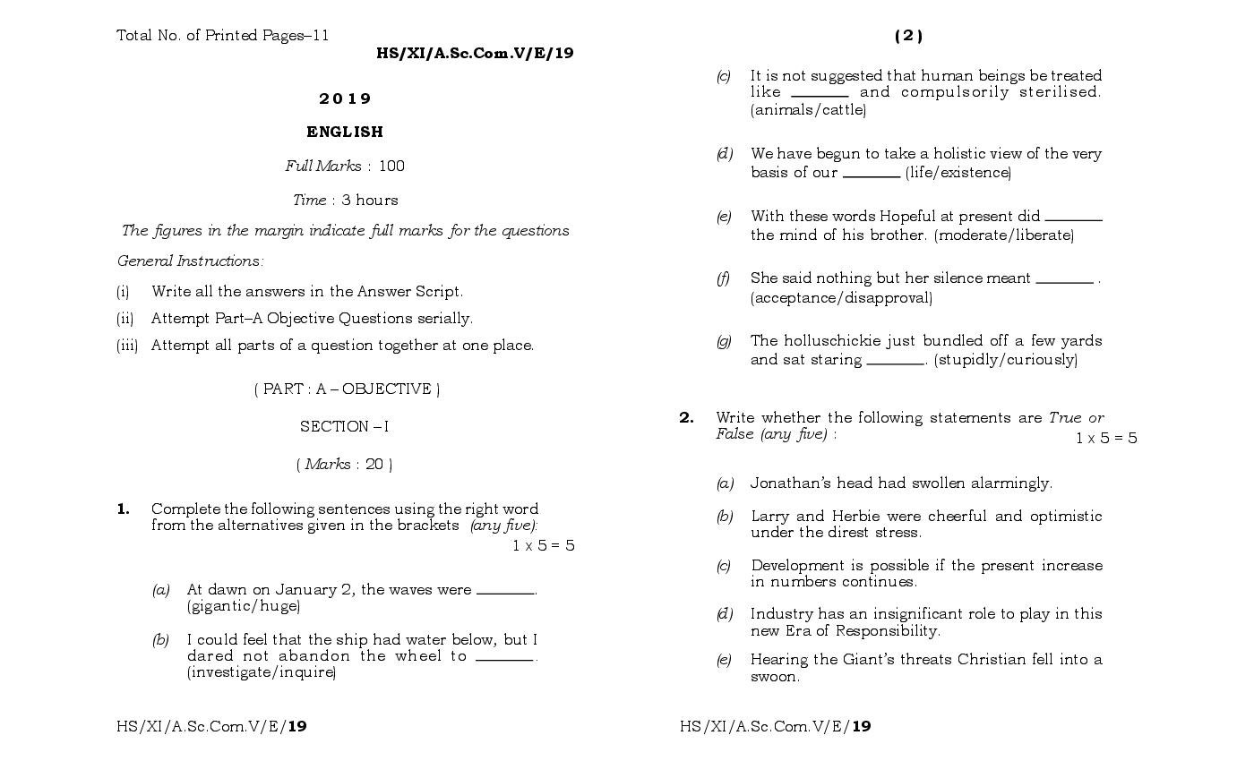 MBOSE Class 11 Question Paper 2019 for English - Page 1