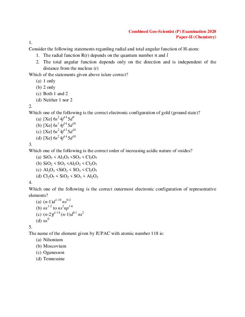 UPSC CGGE 2020 (Prelims) Question Paper Chemistry - Page 1