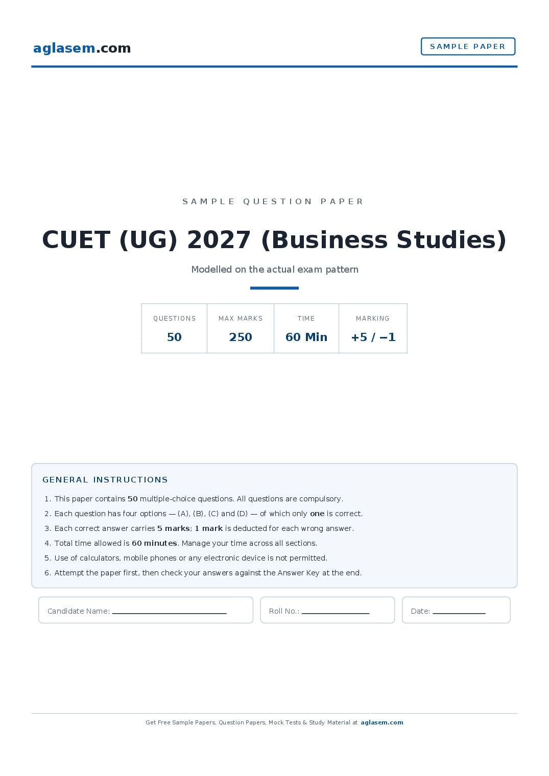 CUET (UG) 2027 Sample Paper (Business Studies) - Page 1 of 20