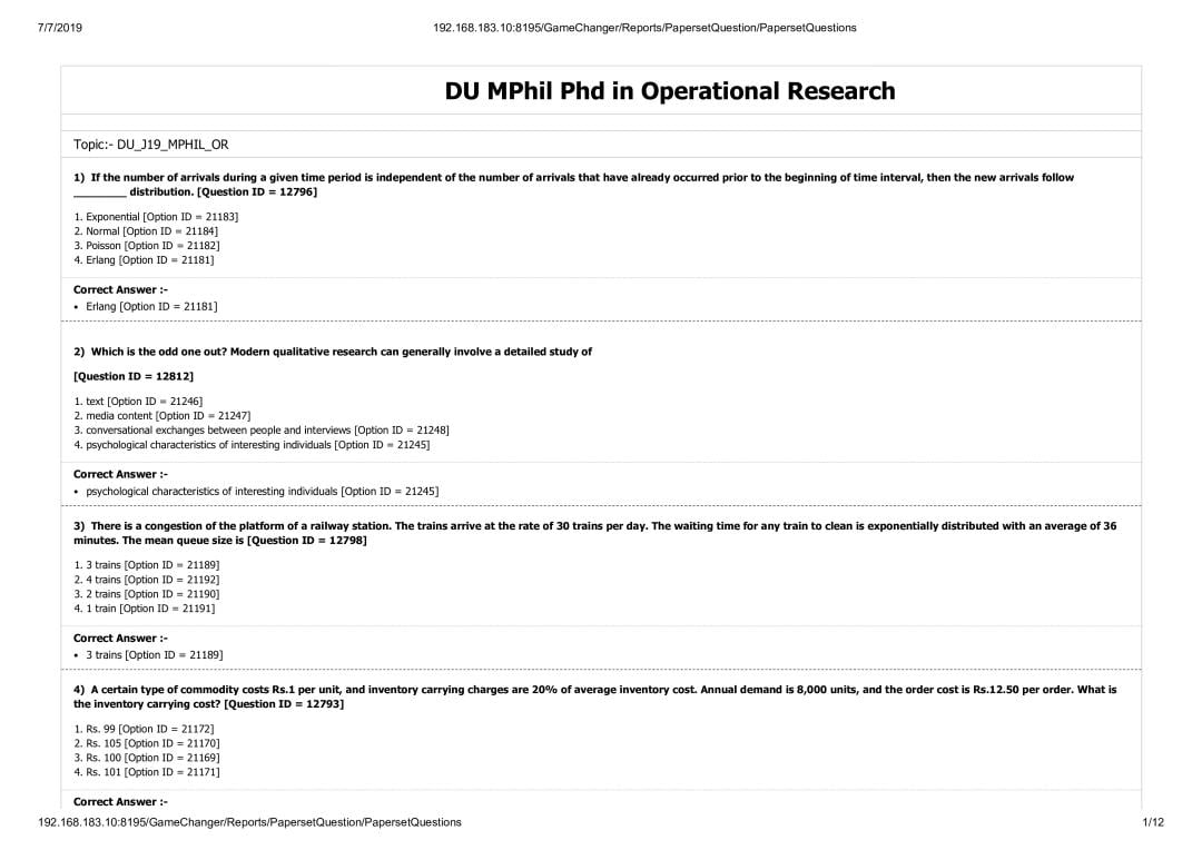 DUET Question Paper 2019 for M.Phil Ph.d in Operational Research - Page 1