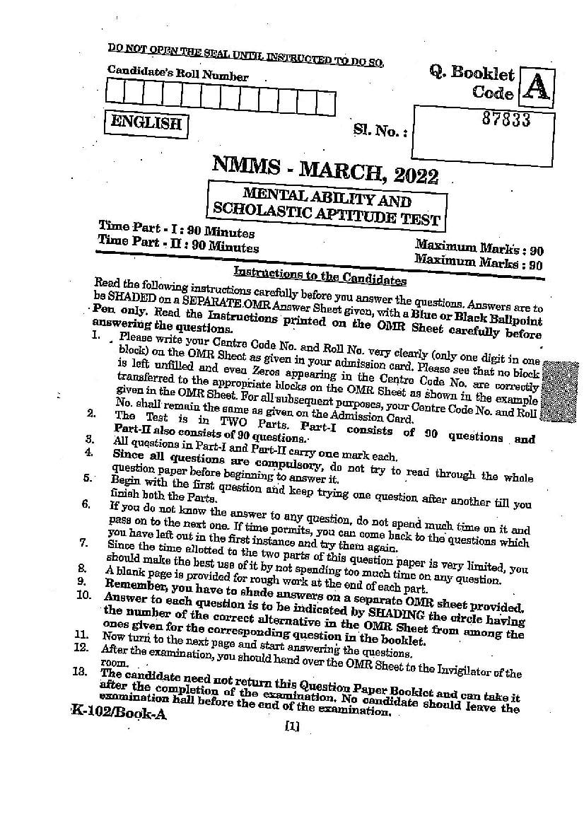 AP NMMS 2022 Question Paper - Page 1