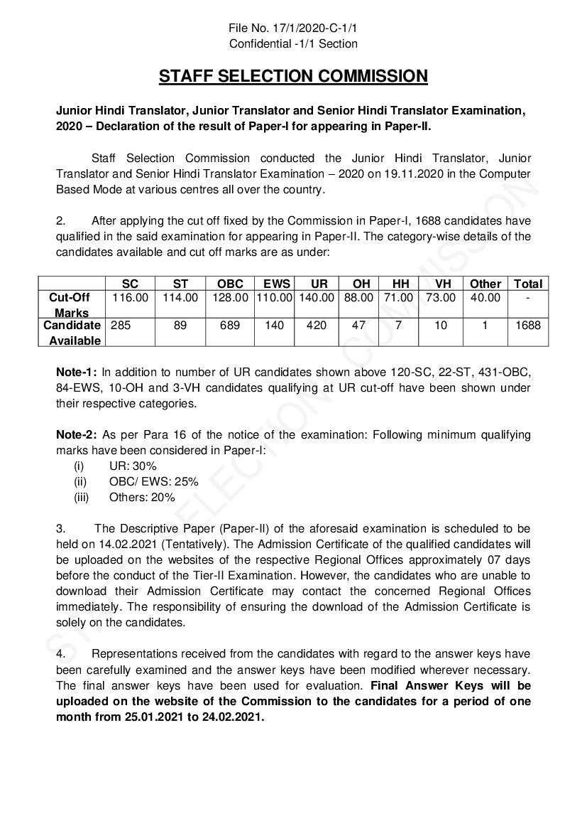 SSC JHT 2020 Cut Off Paper 1 - Page 1