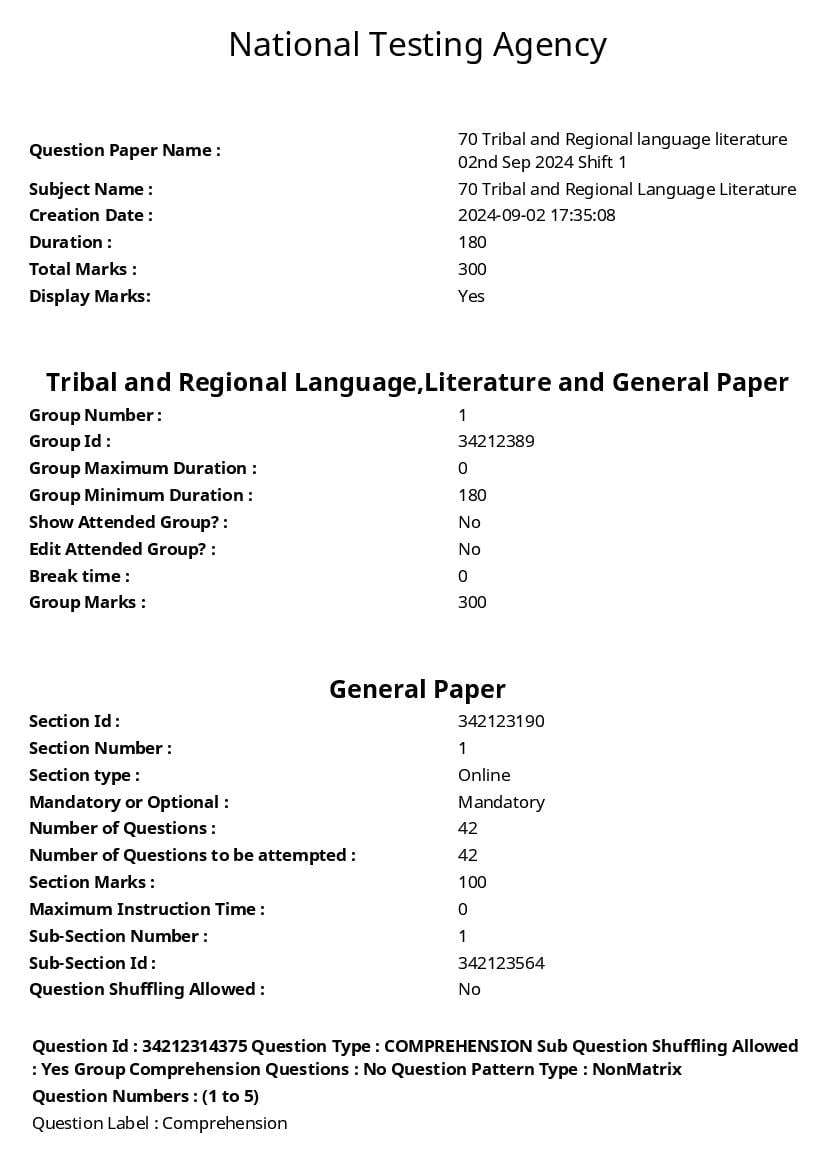UGC NET 2024 Question Paper Tribal and Regional Language Literature - Page 1