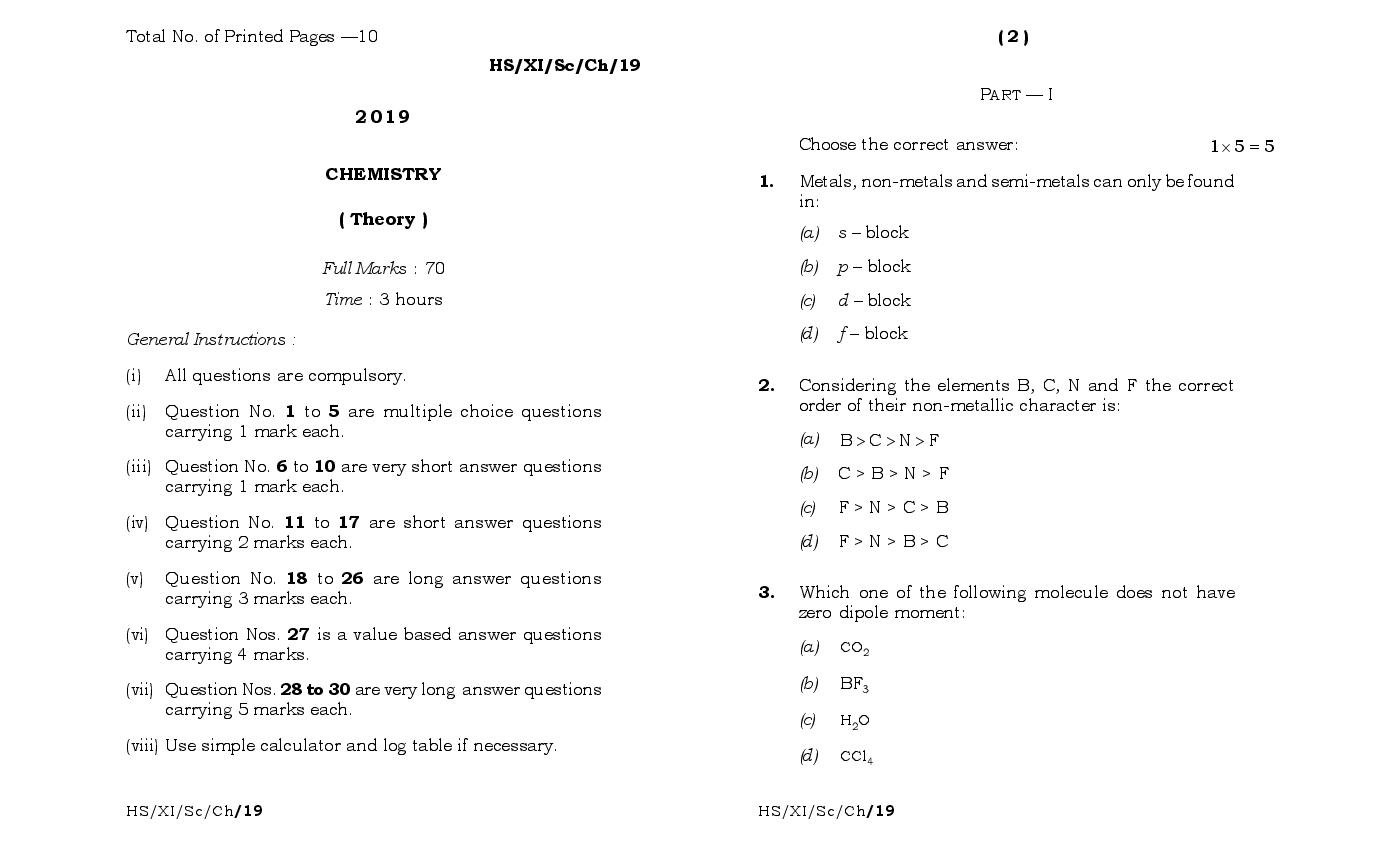 MBOSE Class 11 Question Paper 2019 for Chemistry - Page 1