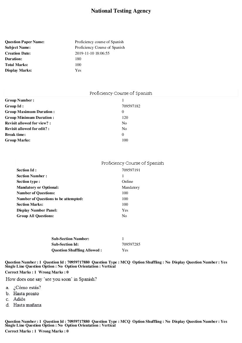 SWAYAM 2019 Question Paper Proficiency Course of Spanish - Page 1