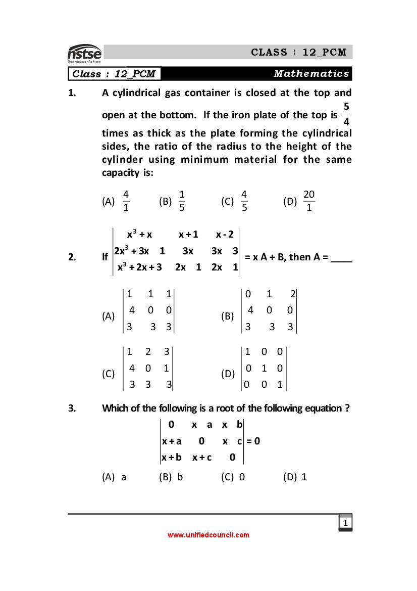 NSTSE Sample Paper Class 12 PCM - Page 1