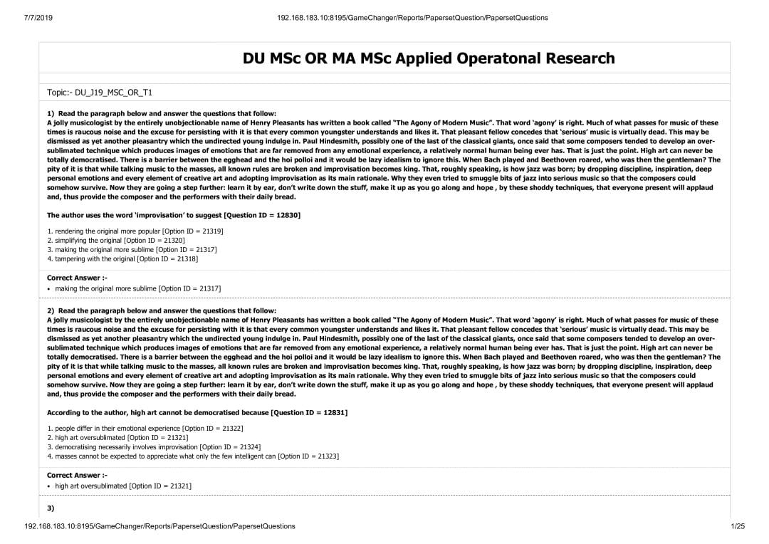 DUET Question Paper 2019 for M.Sc Operatonal Research OR MA M.Sc Applied Operatonal Research - Page 1