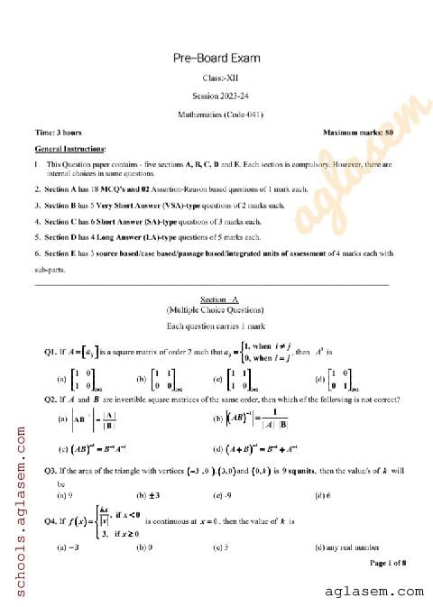UP Board Class 12 Pre-Board Question Paper 2024 Maths - Page 1