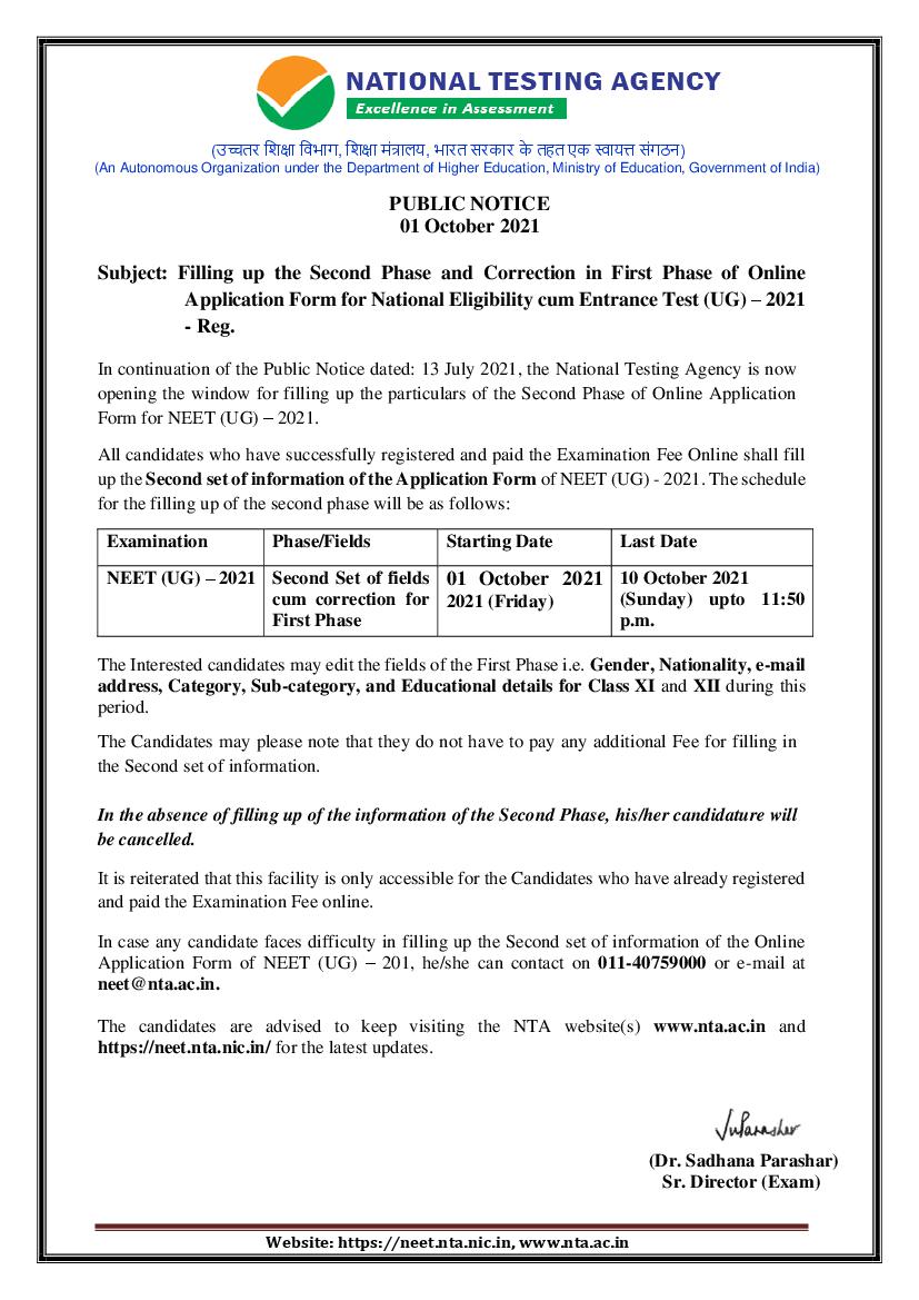NEET 2021 Phase 2 Registartion Notice - Page 1