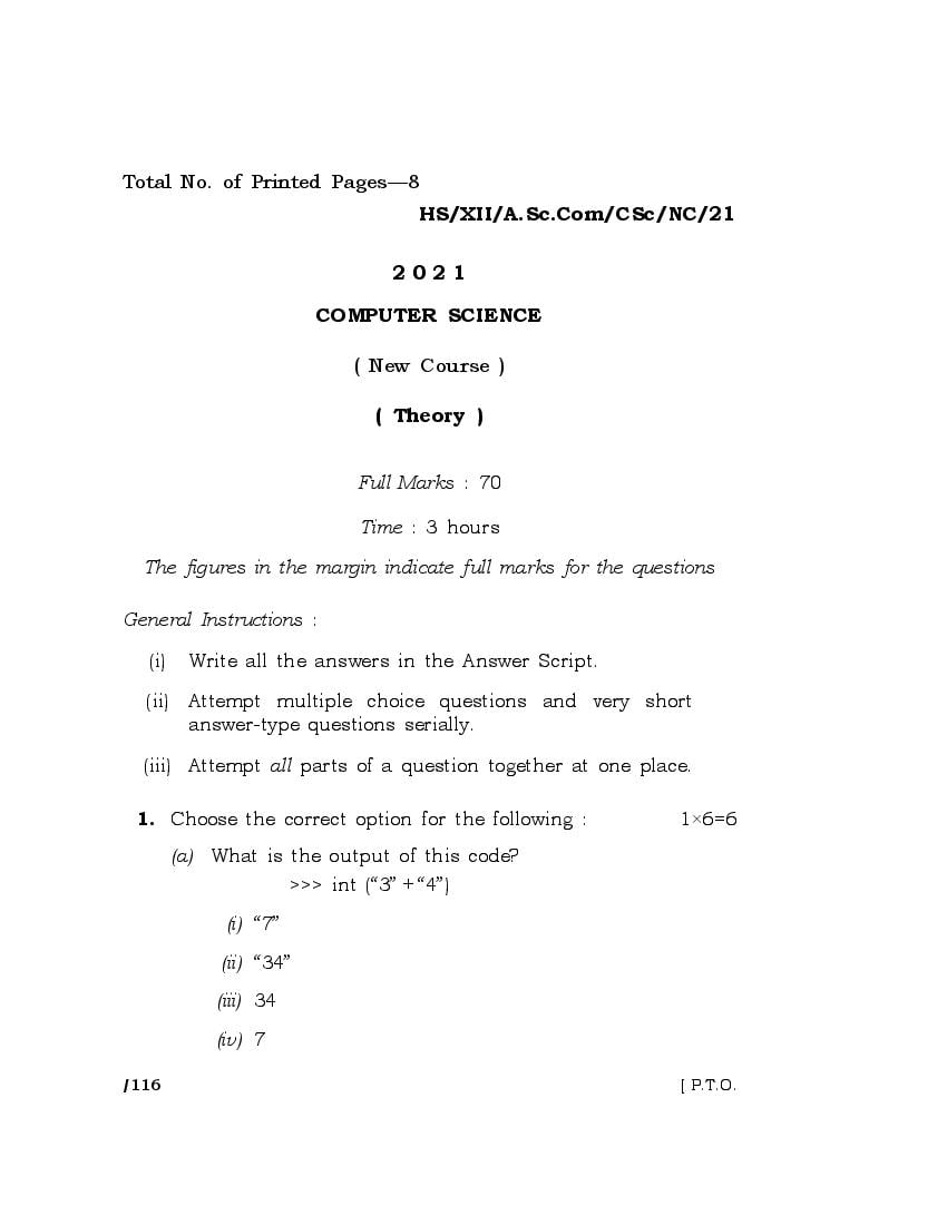 MBOSE Class 12 Question Paper 2021 for Computer Science - Page 1