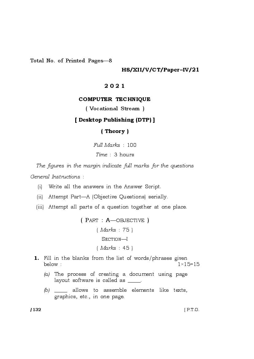 MBOSE Class 12 Question Paper 2021 for Computer Technique - Page 1